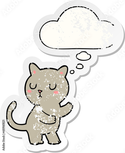 cartoon cat with thought bubble as a distressed worn sticker