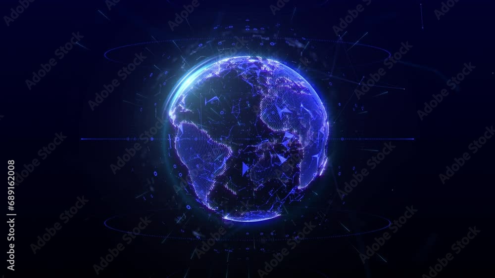 Digital global network solution platform with data connection transfer concept. Blue earth planet spinning on the middle galaxy of background space 4K motion background. Digital global network solution platform with data connection transfer concept. Blue earth planet spinning on the middle galaxy of background space 4K motion background.
