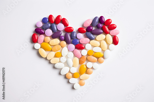 capsules and tablets of different colors are arranged in the form of a heart on an isolated white background