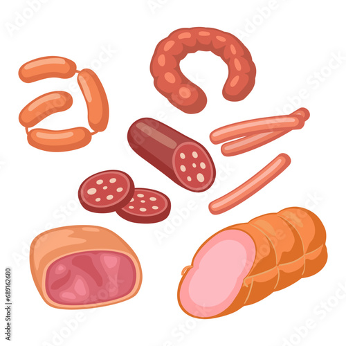 Set meat products. Ham and different types sausage. Vector color vector illustration. Icon isolated on white for web menu