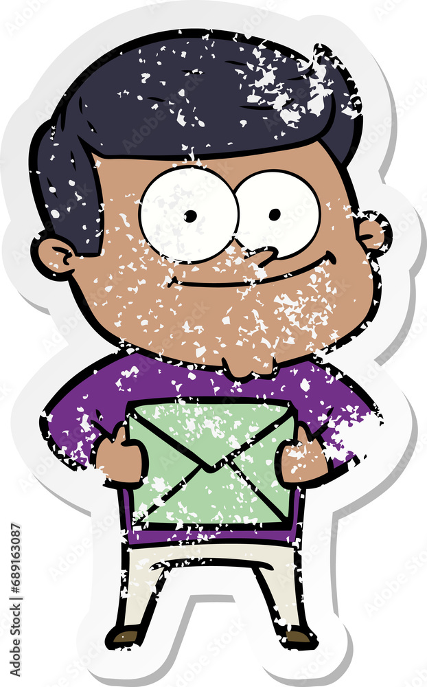 distressed sticker of a cartoon happy man holding letter distressed sticker of a cartoon happy man holding letter