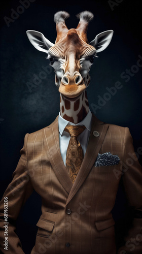 Giraffe dressed in an elegant suit with a nice tie, confident and classy. Fashion portrait of an anthropomorphic animal posing with a charismatic human attitude