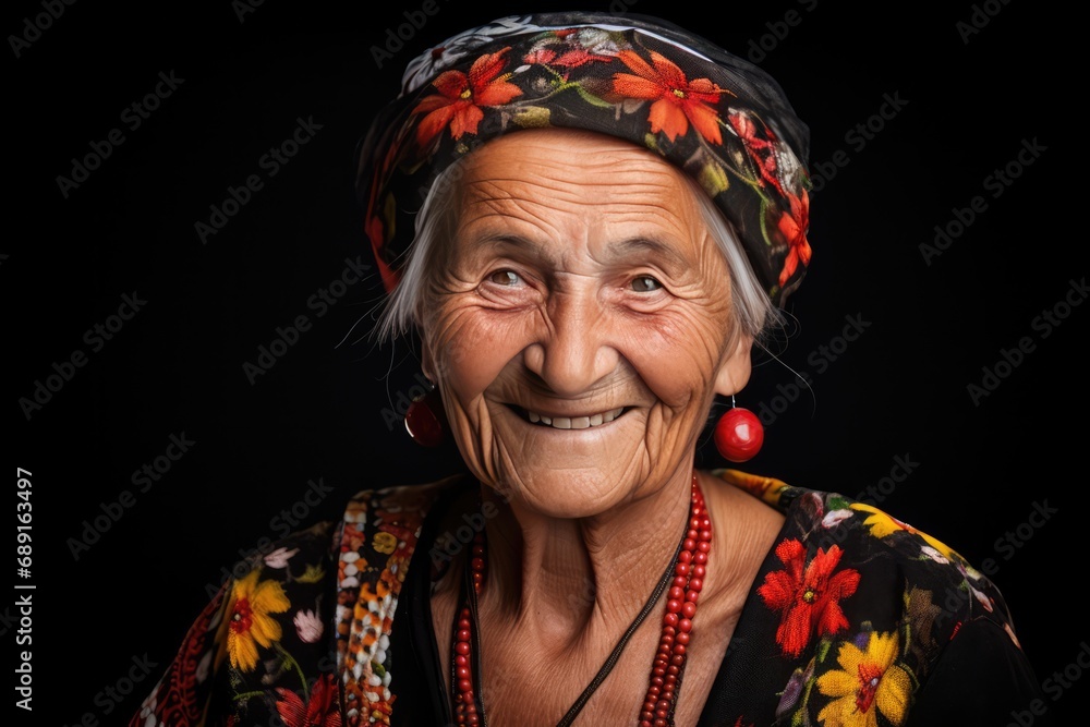 Happy Old Ukrainian Woman On Black Background. Сoncept Traditional Ukrainian Folk Dance, Delicious Ukrainian Cuisine, Ukrainian Embroidery, Ukrainian Landscapes