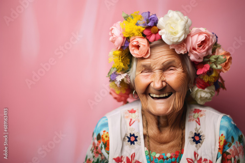 Happy Old Ukrainian Woman On Pastel Background