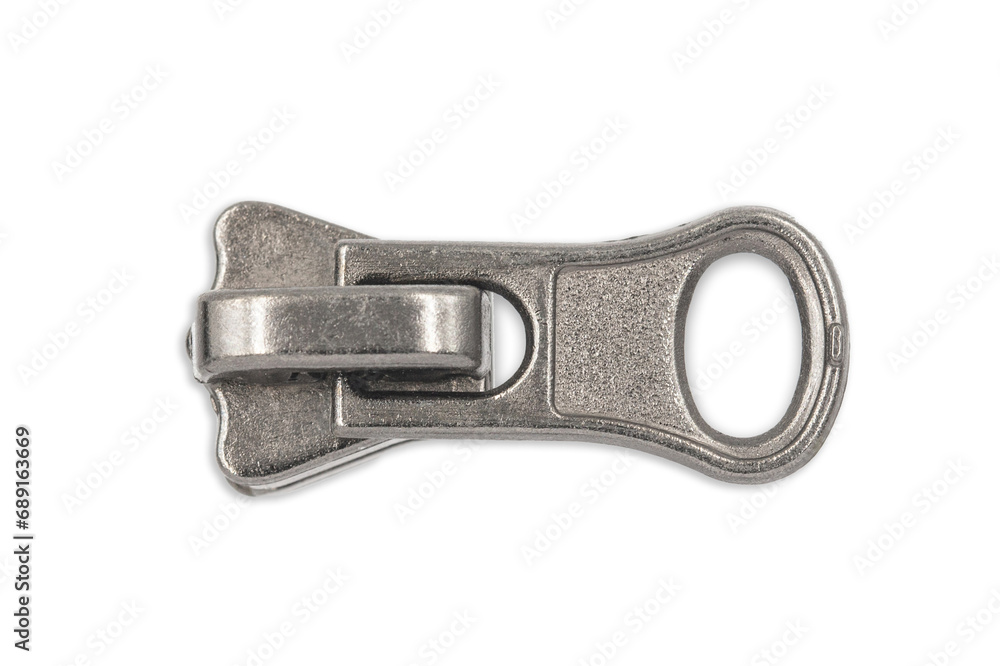 Metal zipper slide isolated on white. Cutout object. Clothing element. Metal zipper slide isolated on white. Cutout object. Clothing element.