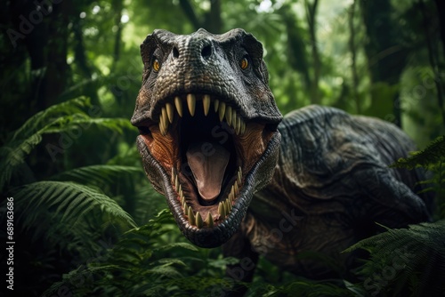 Angry Trex Face In Jungle With Forest Background. Сoncept Adventure Photography, Wildlife Portraits, Jungle Theme, Angry Trex, Forest Fantasy © Anastasiia