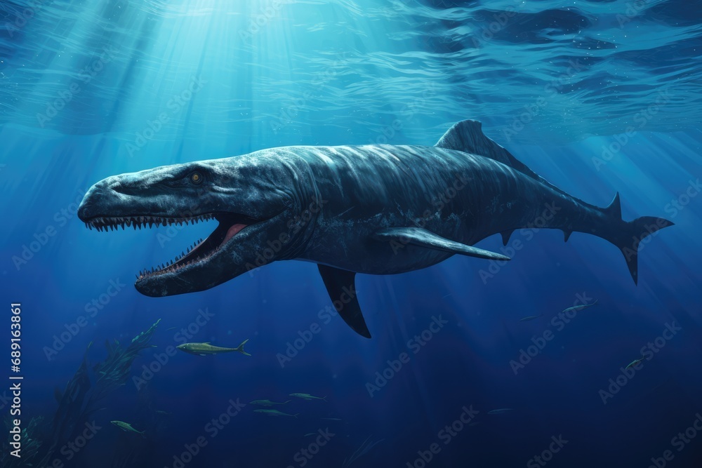 Fototapeta premium Aquatic Mosasaurus Dinosaur. Сoncept Underwater Exploration, Prehistoric Creatures, Deep Sea Adventure, Ancient Sea Monsters