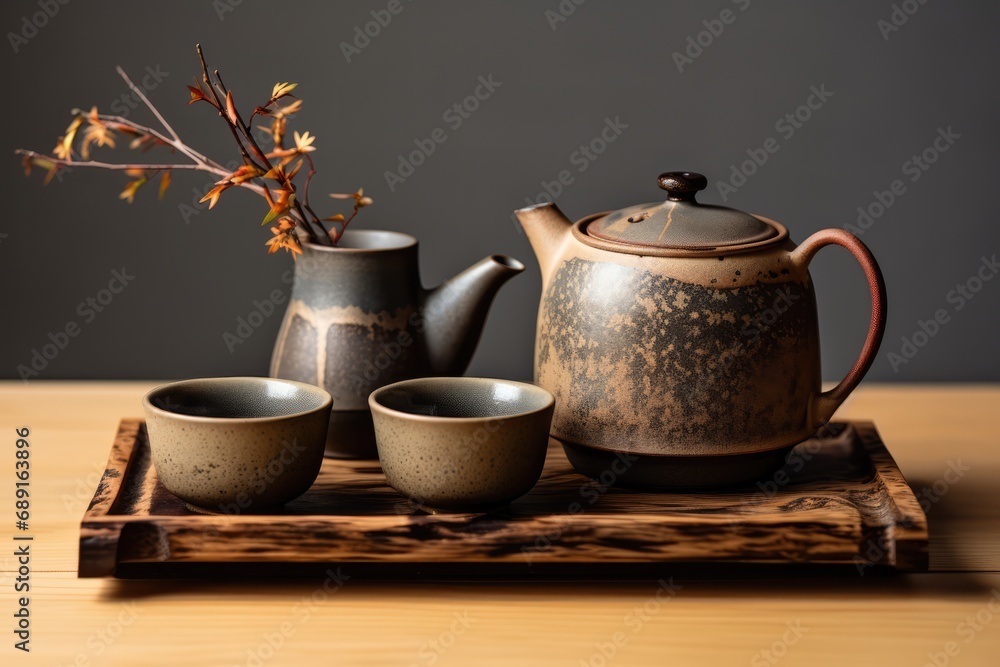 Asian Tea Set With Traditional Japanese Design. Сoncept Zen Garden, Cherry Blossoms, Origami Creations, Geisha-Inspired Makeup, Tea Ceremony