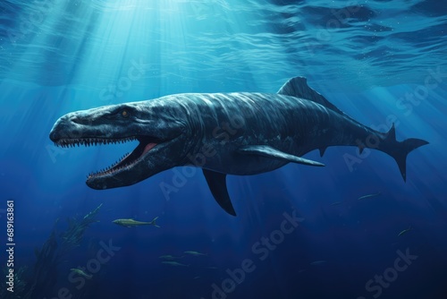 Aquatic Mosasaurus Dinosaur. Сoncept Underwater Exploration, Prehistoric Creatures, Deep Sea Adventure, Ancient Sea Monsters © Anastasiia