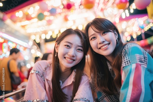 Asian Twins At Carnival Experience A Colorful Atmosphere Together