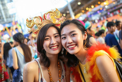 Asian Friends At Carnival Experiencing The Vibrant Atmosphere Together