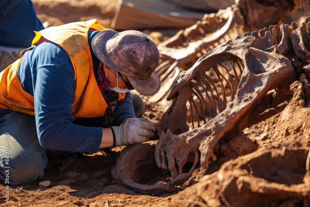 Careful Excavation Of Ancient Dinosaur Bones By Skilled Archaeologist