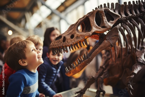 Child Exploring Dinosaur Skeleton On An Educational Museum Trip © Anastasiia