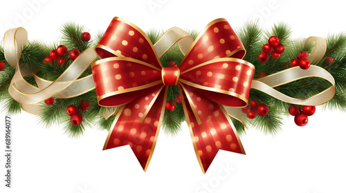 Christmas tree border with golden fir branches red bow and berry transparent background, PNG