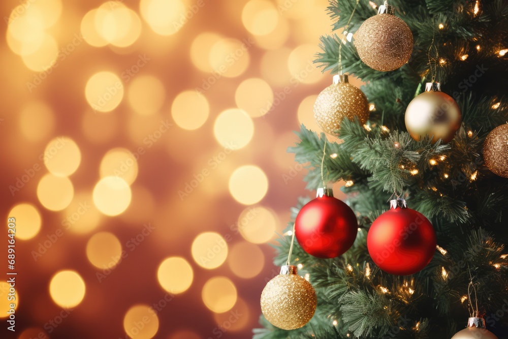 Christmas Tree With Red And Gold Ornaments On Bokeh Lights Background