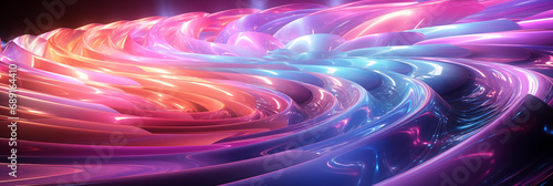 Wellenmotiv in leuchtenden bunten irisierenden Neon Farben als Hintergrundmotiv für Webdesign im Querformat für Banner, ai generativ