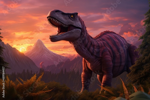 Enormous Dinosaur Stands Against Mountainous Prehistoric Forest At Sunset © Anastasiia