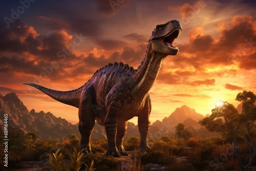 Enormous Dinosaur Stands Against Mountainous Prehistoric Forest At Sunset © Anastasiia