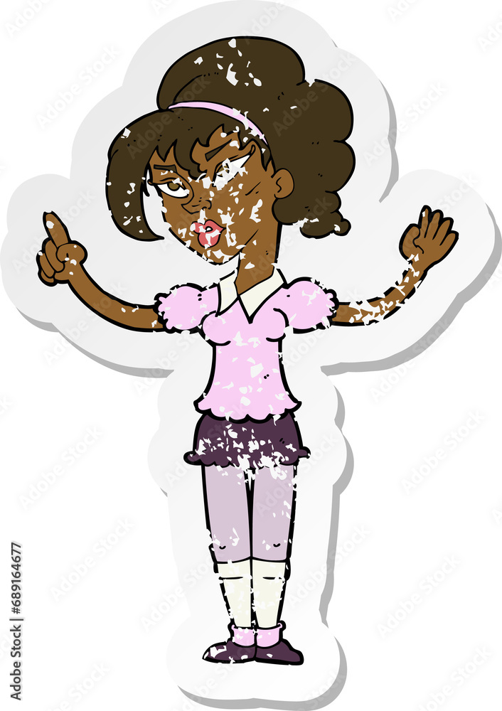 retro distressed sticker of a cartoon woman with idea retro distressed sticker of a cartoon woman with idea