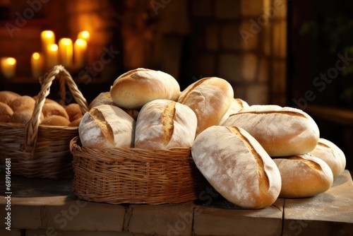 Freshly Baked Bread Rolls Displayed In Rustic Bakery Setting