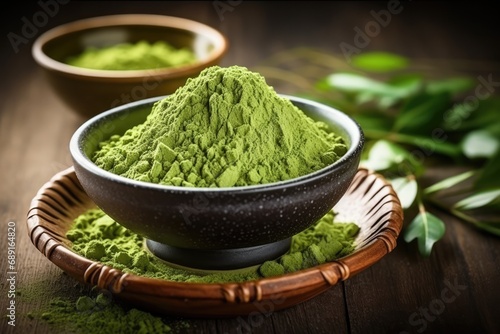 Heap Of Matcha Tea Powder And Leaves On Ceramic Bowl, Organic Green Tea