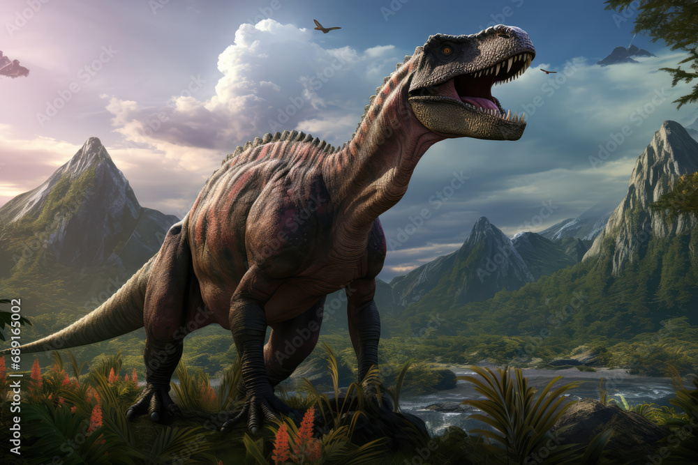 Majestic Dinosaur In Fantasyenhanced Landscape