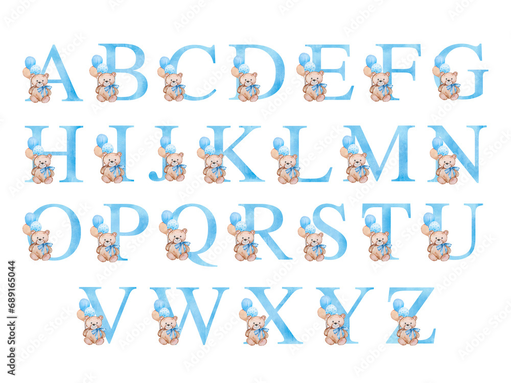 Blue alphabet with watercolor teddy bear