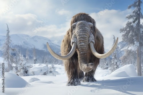 Mammoth Wandering Through Snowy Winter Landscape.   oncept Snowy Winter Landscapes  Majestic Mammoths  Wildlife In Winter  Arctic Winter Scenes