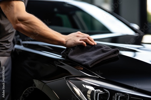 Man Detailing Black Car With Microfiber Cloth