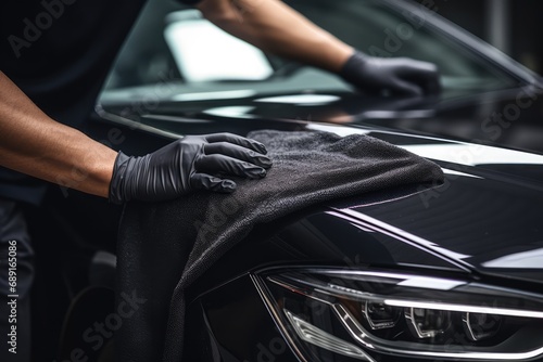 Man Detailing Black Car With Microfiber Cloth. Сoncept Automotive Detailing, Car Care, Microfiber Cloth, Black Car, Shine And Polish © Anastasiia
