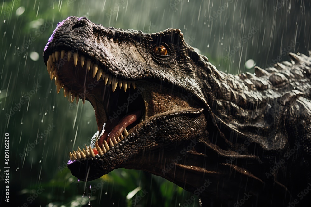 Fototapeta premium Predator Dinosaur Roaring In Wet Rainforest