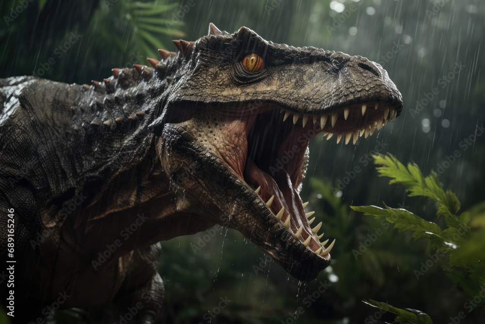 Fototapeta premium Predator Dinosaur Roaring In Wet Rainforest