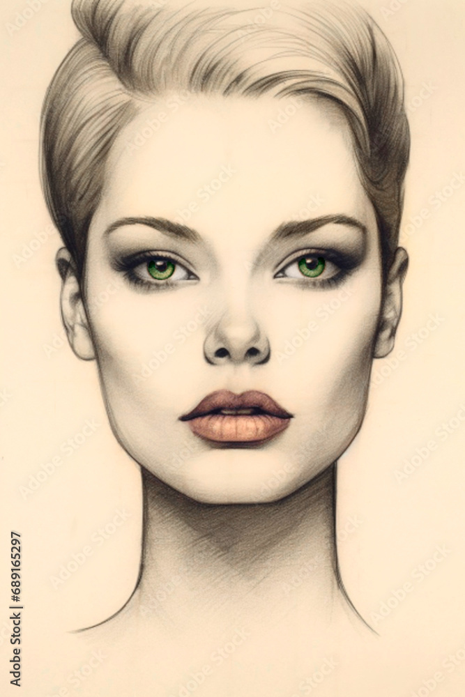 Pencil Portrait of young Woman with short Haircut and Green eyes.