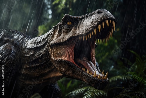 Predator Dinosaur Roaring In Wet Rainforest. Сoncept Sunset Beach Wedding, Urban Cityscape, Nature Hiking Adventure, Pet Portraits, Automotive Photography © Anastasiia