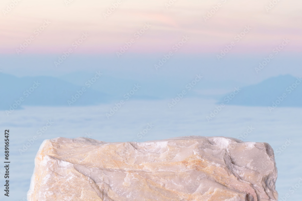 Stone podium table top with outdoor mountains pastel color scene nature landscape at sunrise blur background.Natural beauty cosmetic or healthy product placement presentation pedestal display.