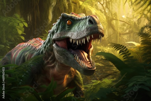 Smiling Predator Dinosaur In Jungle Setting