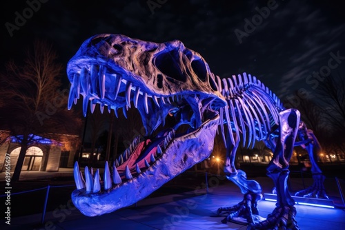 Trex Dinosaur Skeleton Displayed With Mesmerizing Nighttime Lighting © Anastasiia