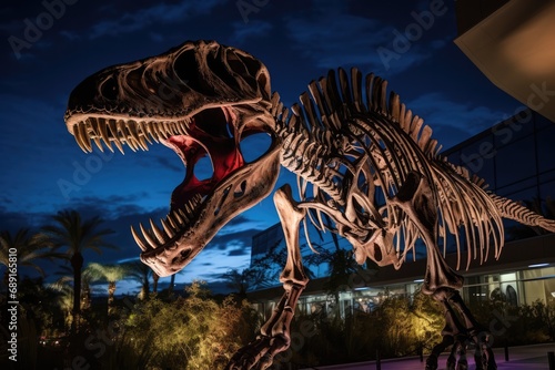 Trex Dinosaur Skeleton Displayed With Mesmerizing Nighttime Lighting © Anastasiia