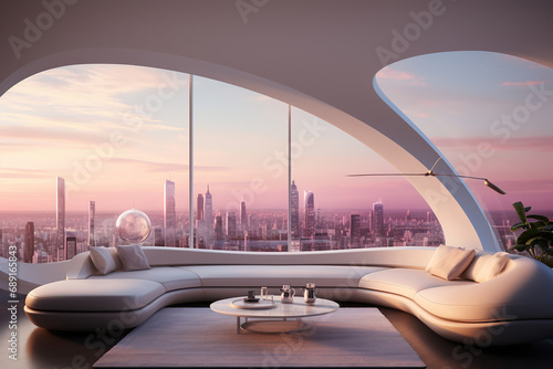 A modern design pink living room with big sofa  a panoramic windows with sunset atmosphere , homey,  AI generative. © Viktoriia