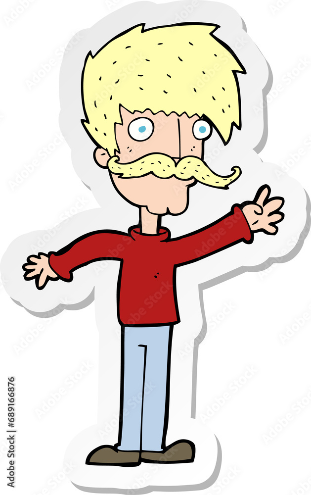 sticker of a cartoon waving mustache man