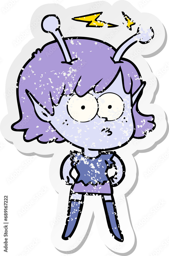 distressed sticker of a cartoon alien girl distressed sticker of a cartoon alien girl