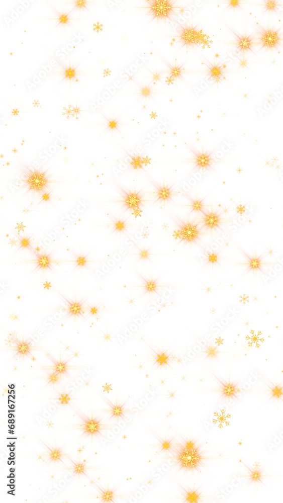 png golden shiny snowflakes and stars on transparent background, vertical new year and Christmas winter social media design element
