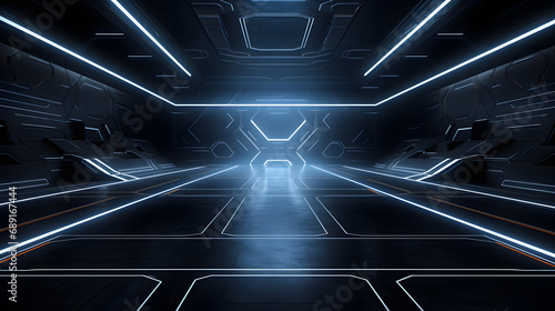 Fototapeta Naklejka Na Ścianę i Meble -  3D Futuristic Room, silver light, space ship room, Geometric  Shape with LED light Backgorund