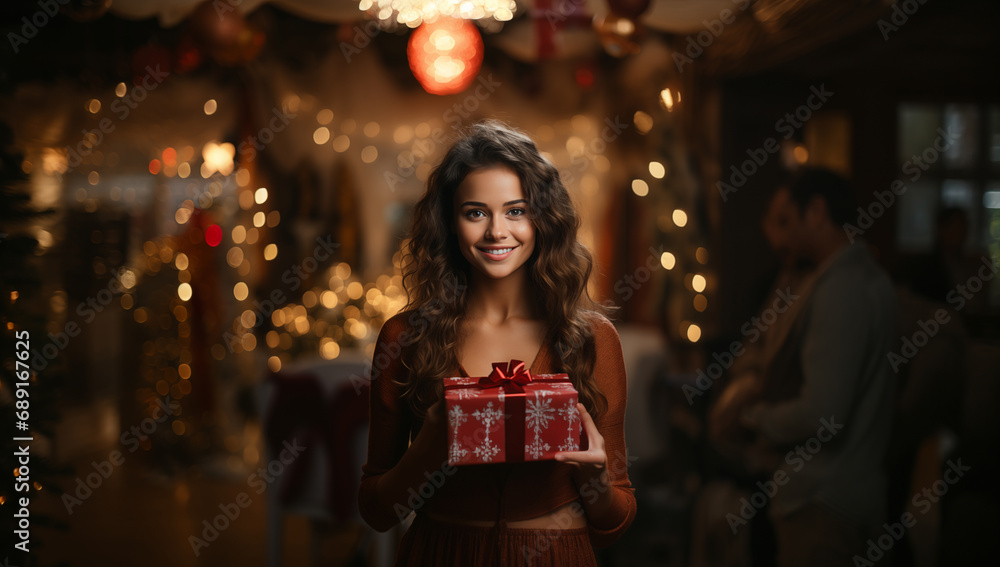 Girl holding a gift box on Christmas Day. Generative AI