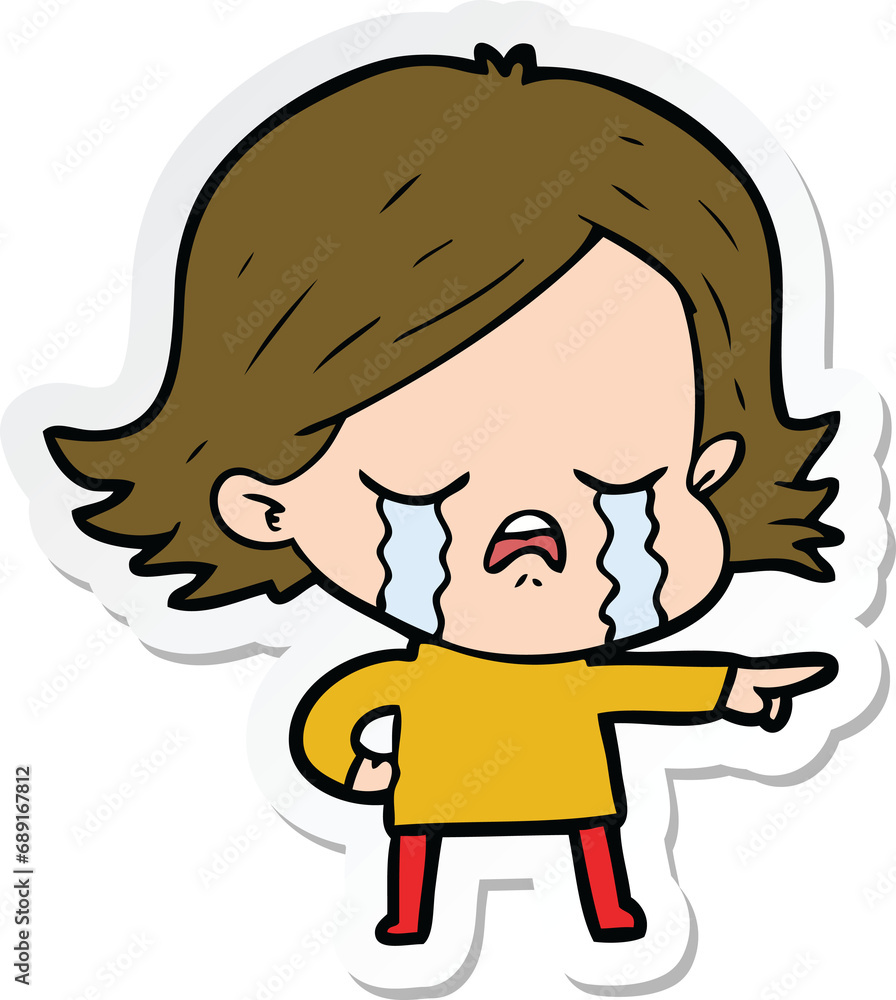 sticker of a cartoon girl crying and pointing sticker of a cartoon girl crying and pointing