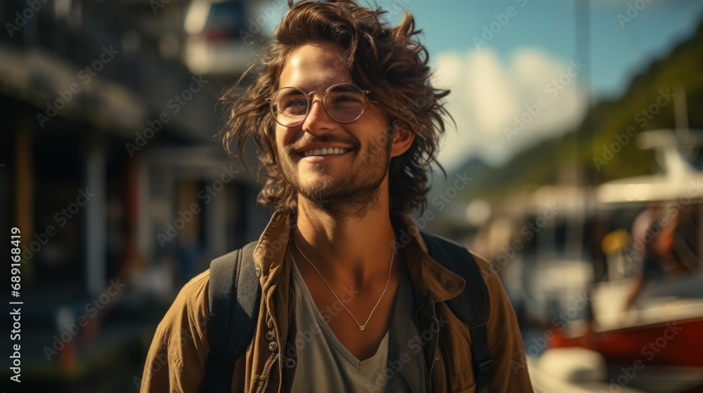Fototapeta premium Backpacker man walking in city background. Generative ai.