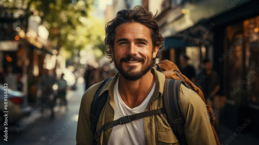 Backpacker man walking in city background. Generative ai. Backpacker man walking in city background. Generative ai.