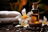 Spa composition with vanilla flower essential oil, zen stones and towels