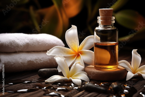 Spa composition with vanilla flower essential oil, zen stones and towels © pilipphoto