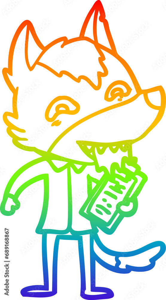 rainbow gradient line drawing of a cartoon hungry wolf with clip board rainbow gradient line drawing of a cartoon hungry wolf with clip board